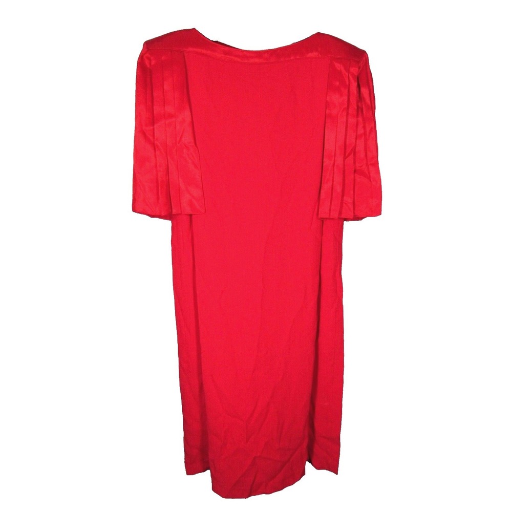 Vintage RED SHEATH DRESS Cocktail Party PLEATED SATIN SLEEVES Cut-Out Back M/L